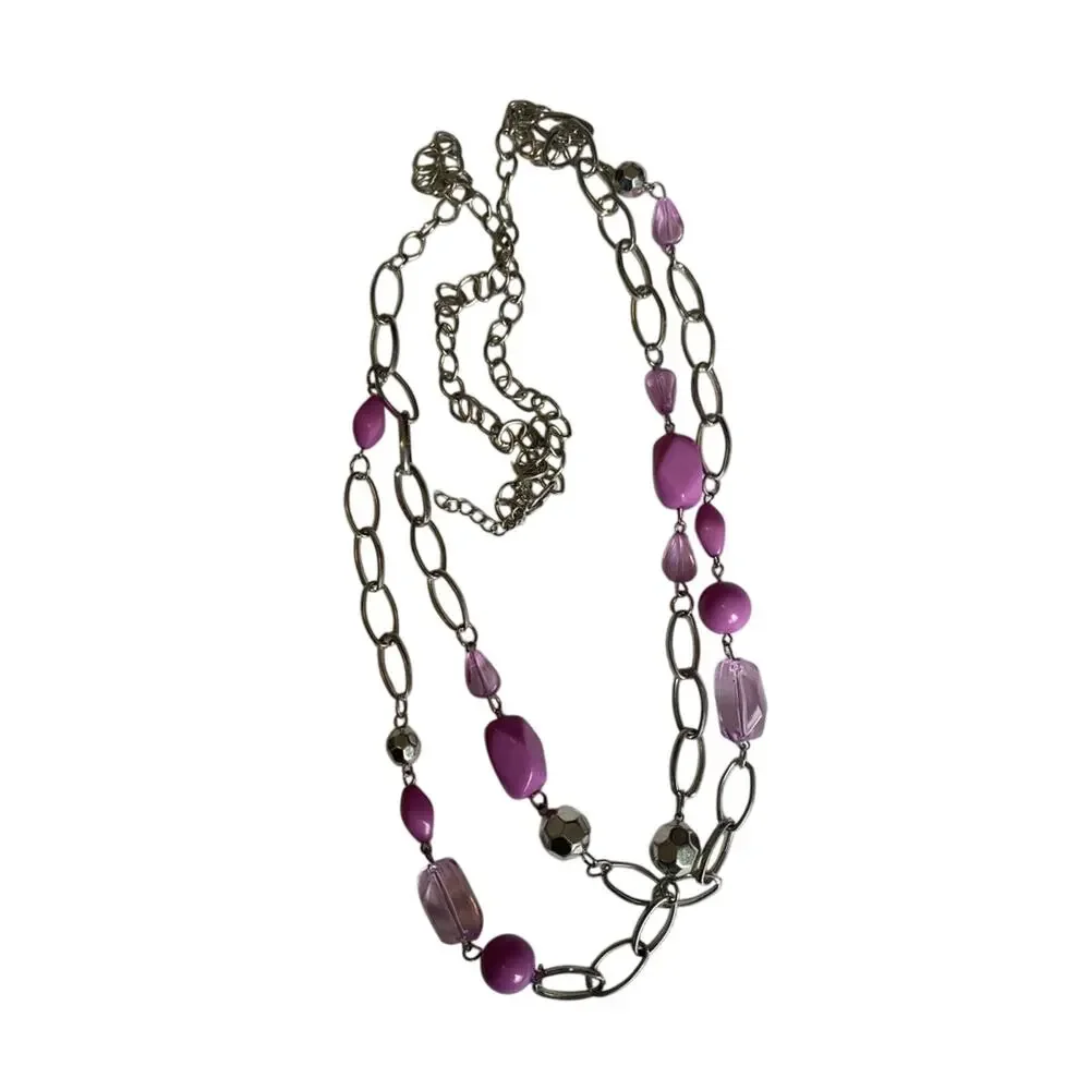 Women's ‎ Silver Chain Purple Beaded Necklace Spring Statement Fairy Feminine